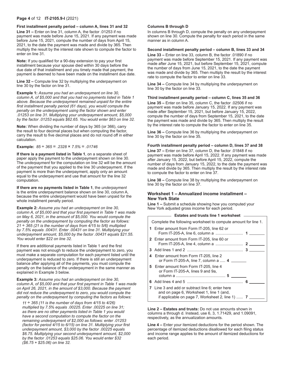 Instructions for Form IT-2105.9 Underpayment of Estimated Tax by Individuals and Fiduciaries - New York, Page 4