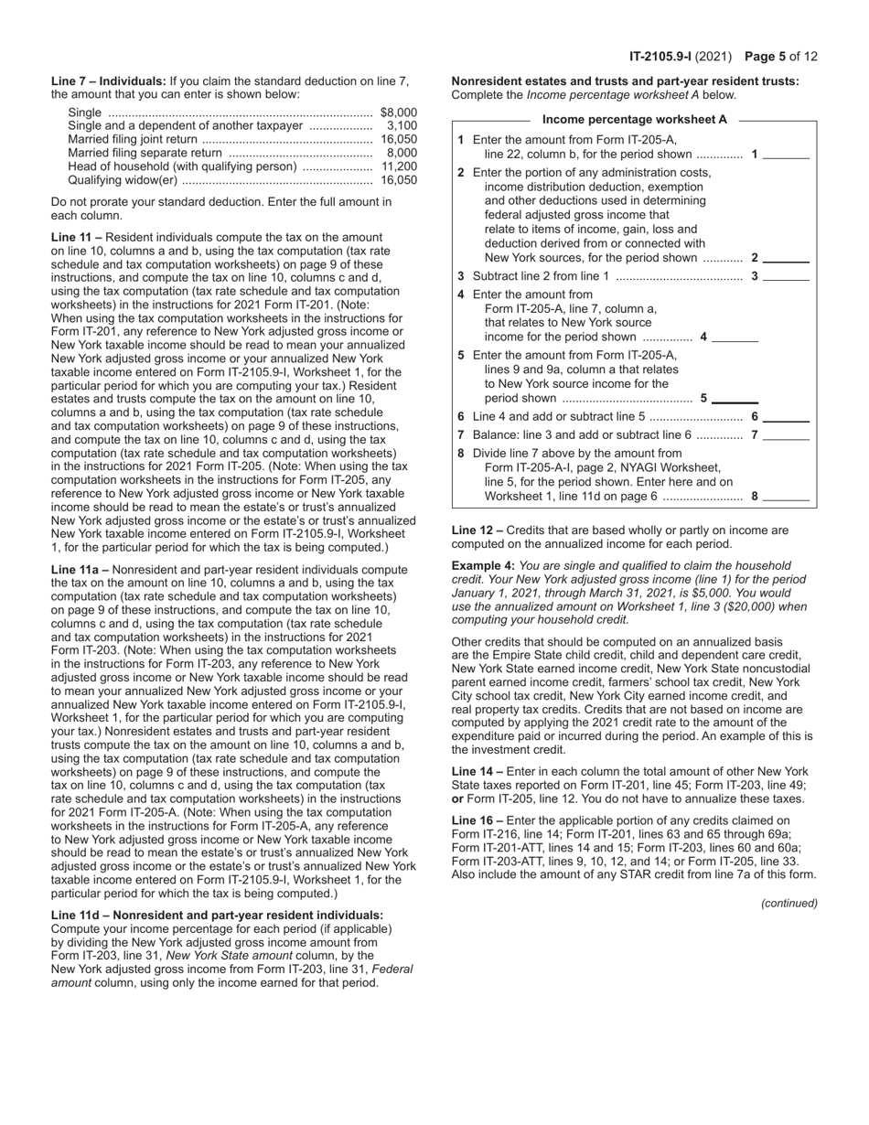 Instructions for Form IT-2105.9 Underpayment of Estimated Tax by Individuals and Fiduciaries - New York, Page 5