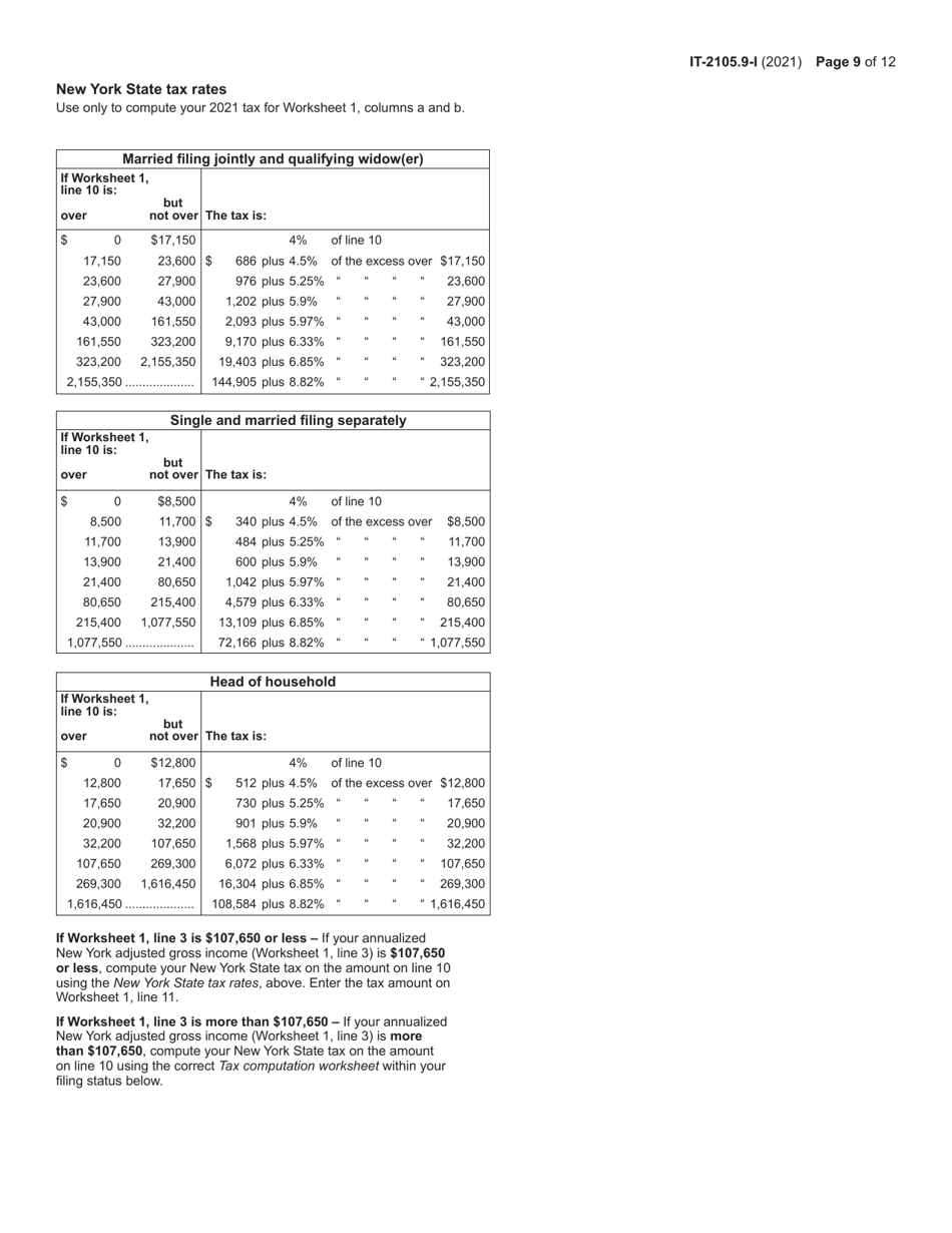 Instructions for Form IT-2105.9 Underpayment of Estimated Tax by Individuals and Fiduciaries - New York, Page 9