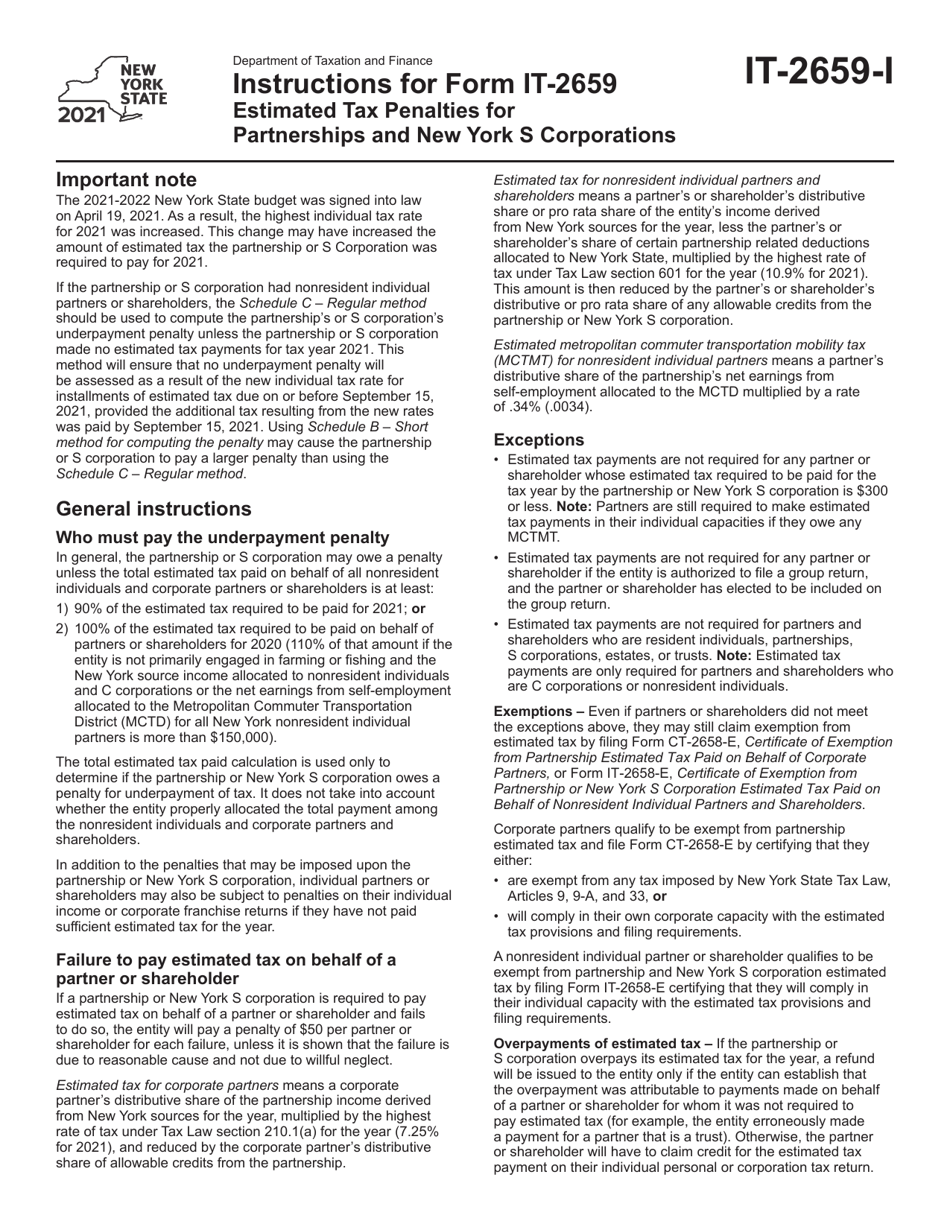 Instructions for Form IT-2659 Estimated Tax Penalties for Partnerships and New York S Corporations - New York, Page 1