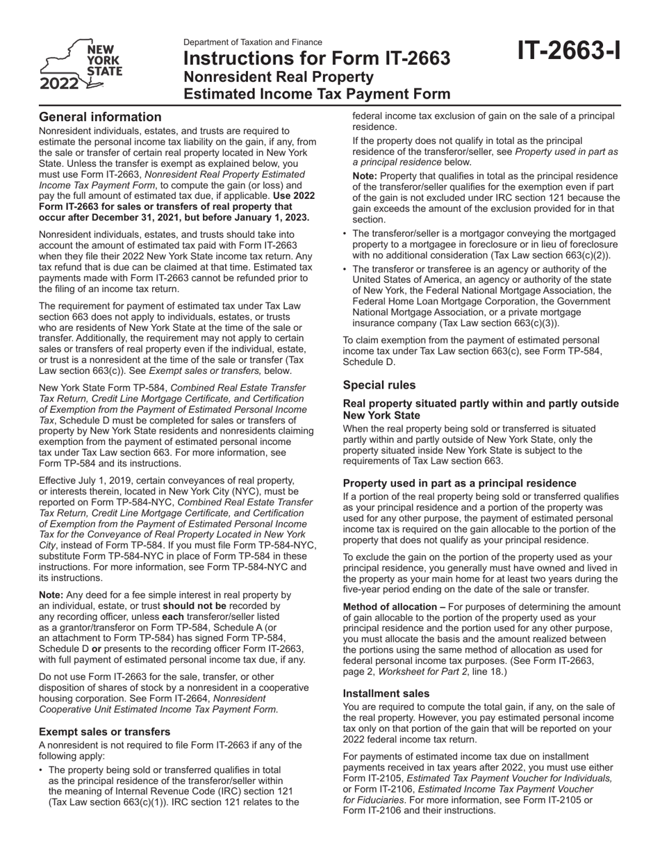 Instructions for Form IT-2663 Nonresident Real Property Estimated Income Tax Payment Form - New York, Page 1