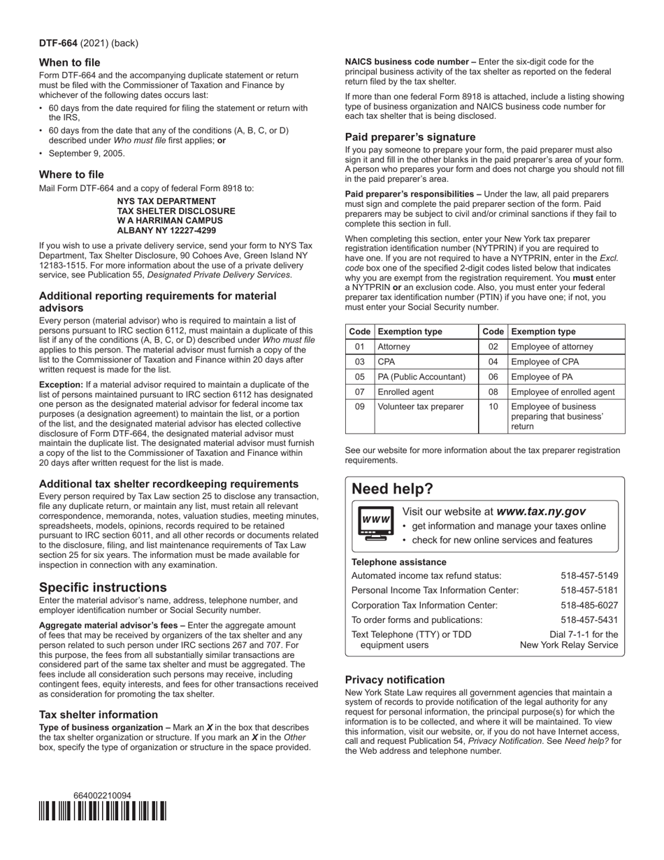 Form DTF-664 Tax Shelter Disclosure for Material Advisors - New York, Page 2