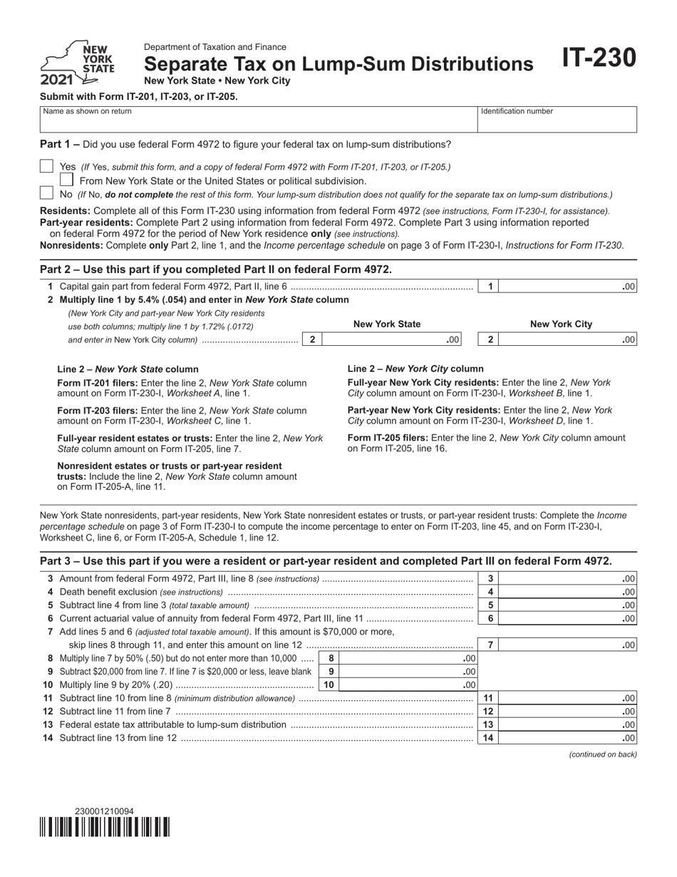 Form IT-230 Separate Tax on Lump-Sum Distributions - New York, Page 1