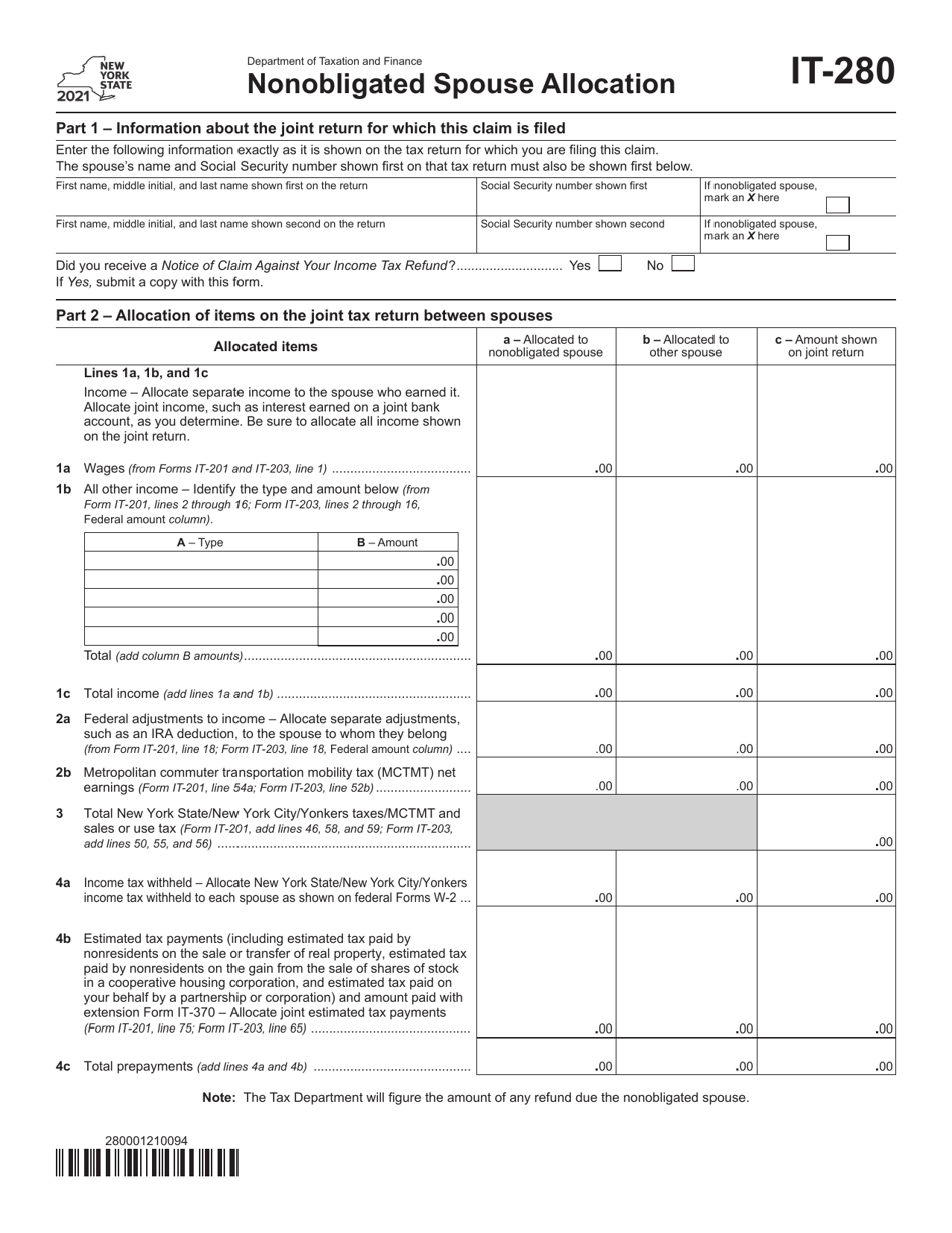 Form IT-280 Nonobligated Spouse Allocation - New York, Page 1