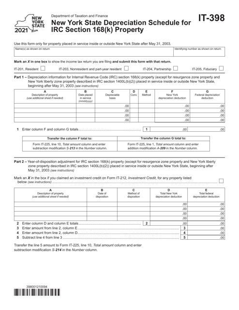 Form IT-398 New York State Depreciation Schedule for IRC Section 168(K) Property - New York, 2021