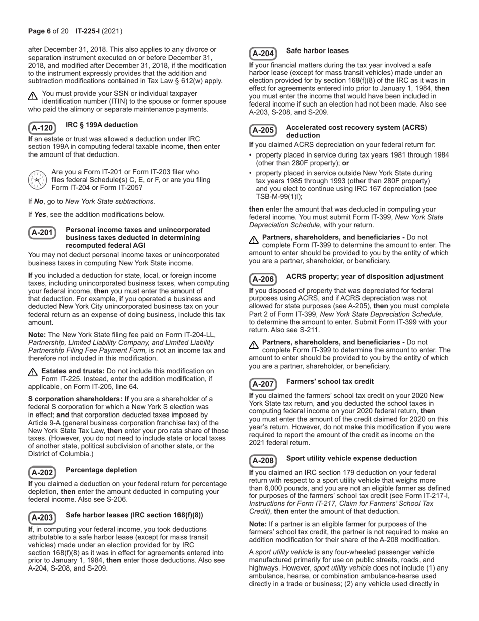 Instructions for Form IT-225 New York State Modifications - New York, Page 6