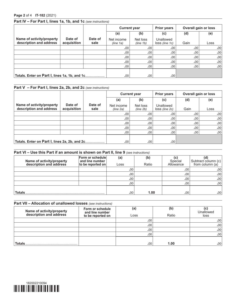 Form IT-182 Passive Activity Loss Limitations for Nonresidents and Part-Year Residents - New York, Page 2
