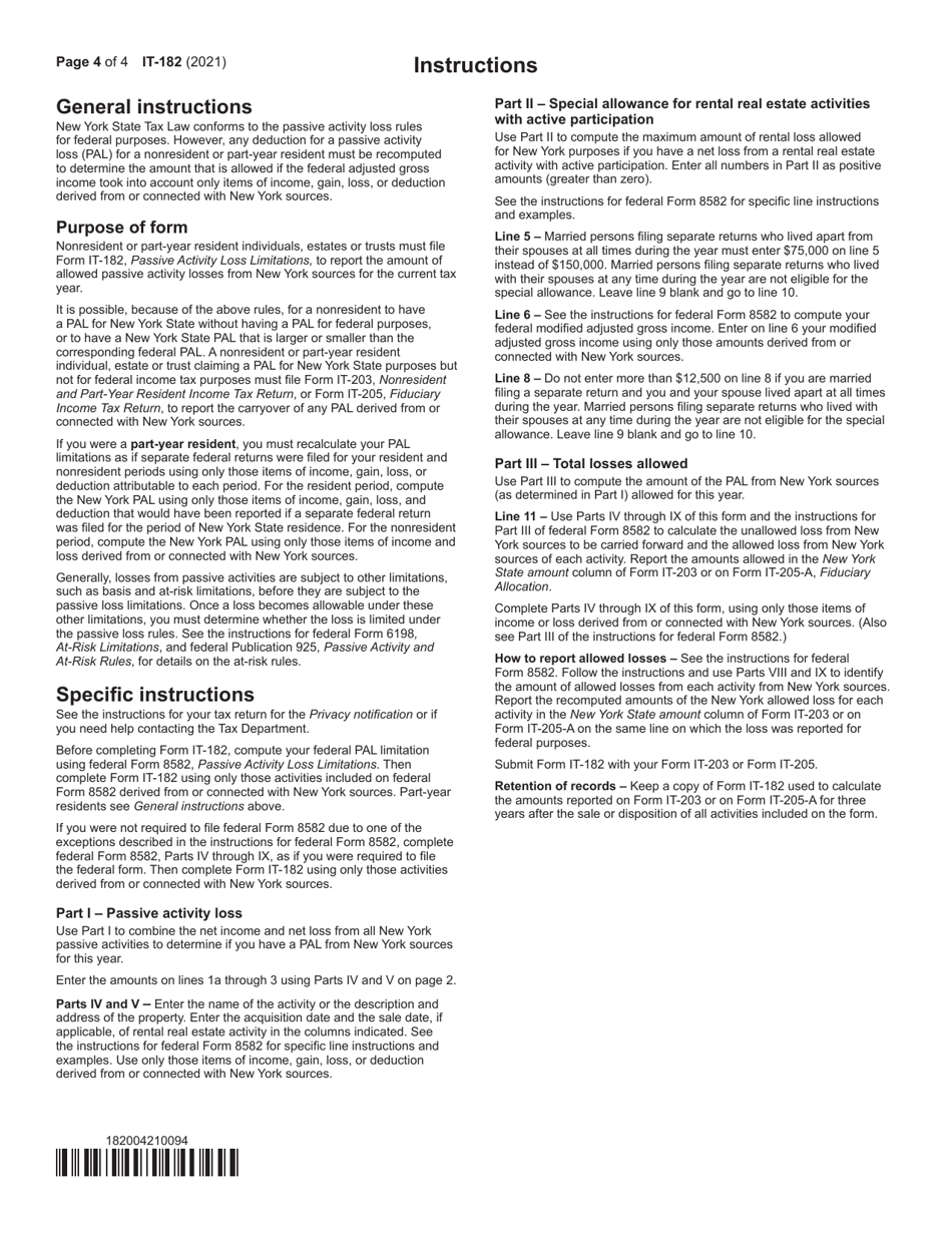 Form IT-182 Passive Activity Loss Limitations for Nonresidents and Part-Year Residents - New York, Page 4