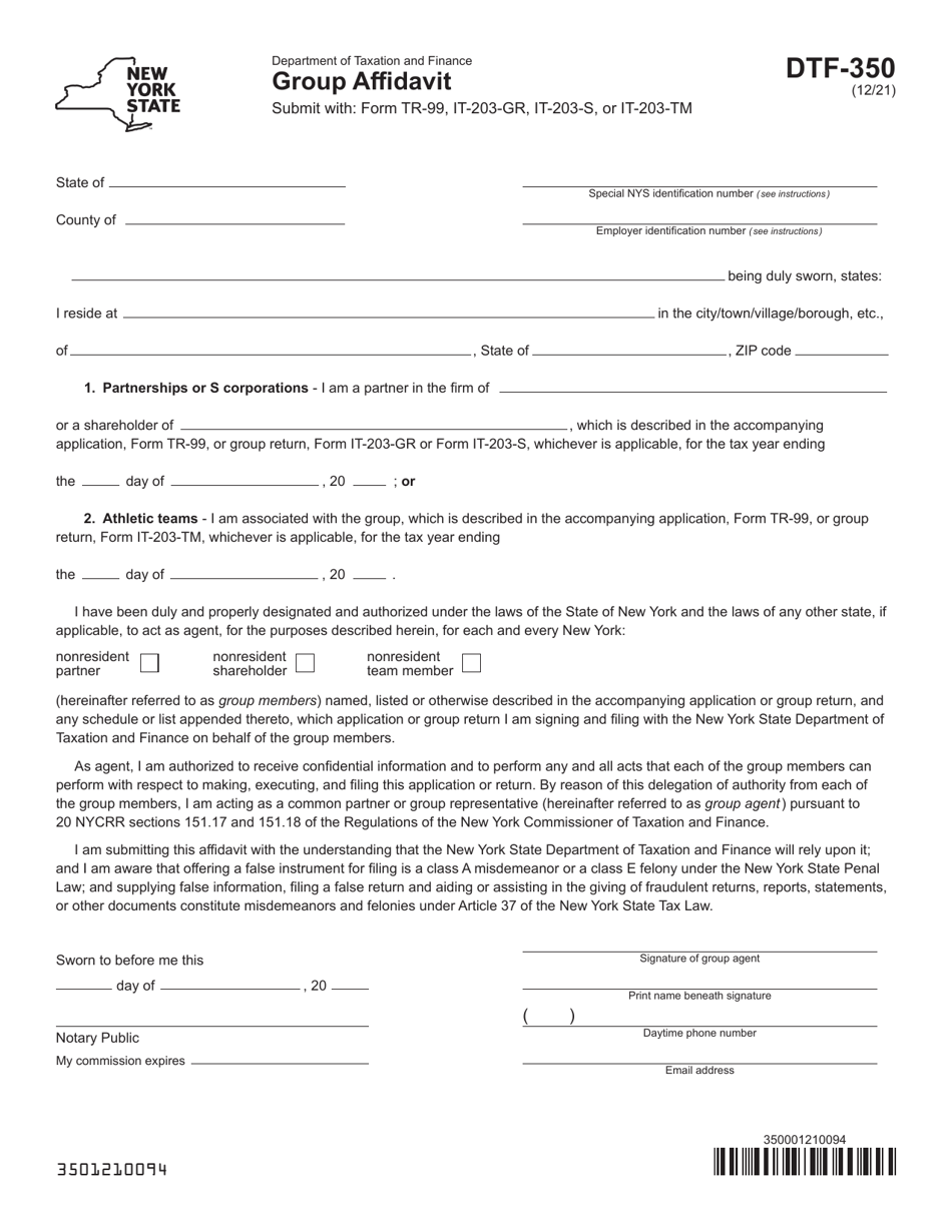 Form DTF-350 Group Affidavit - New York, Page 1