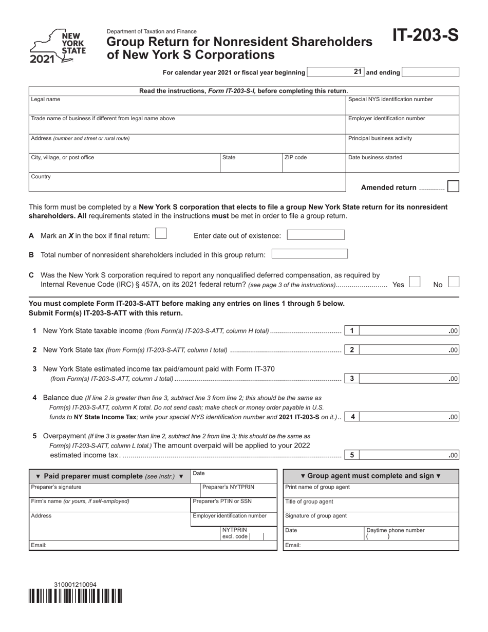 Form IT-203-S Group Return for Nonresident Shareholders of New York S Corporations - New York, Page 1