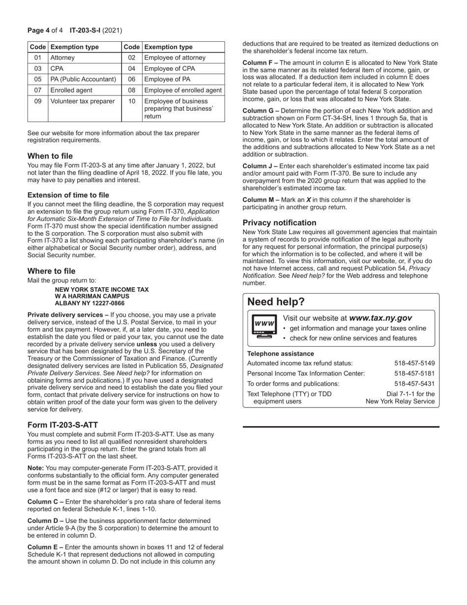 Instructions for Form IT-203-S Group Return for Nonresident Shareholders of New York S Corporations - New York, Page 4