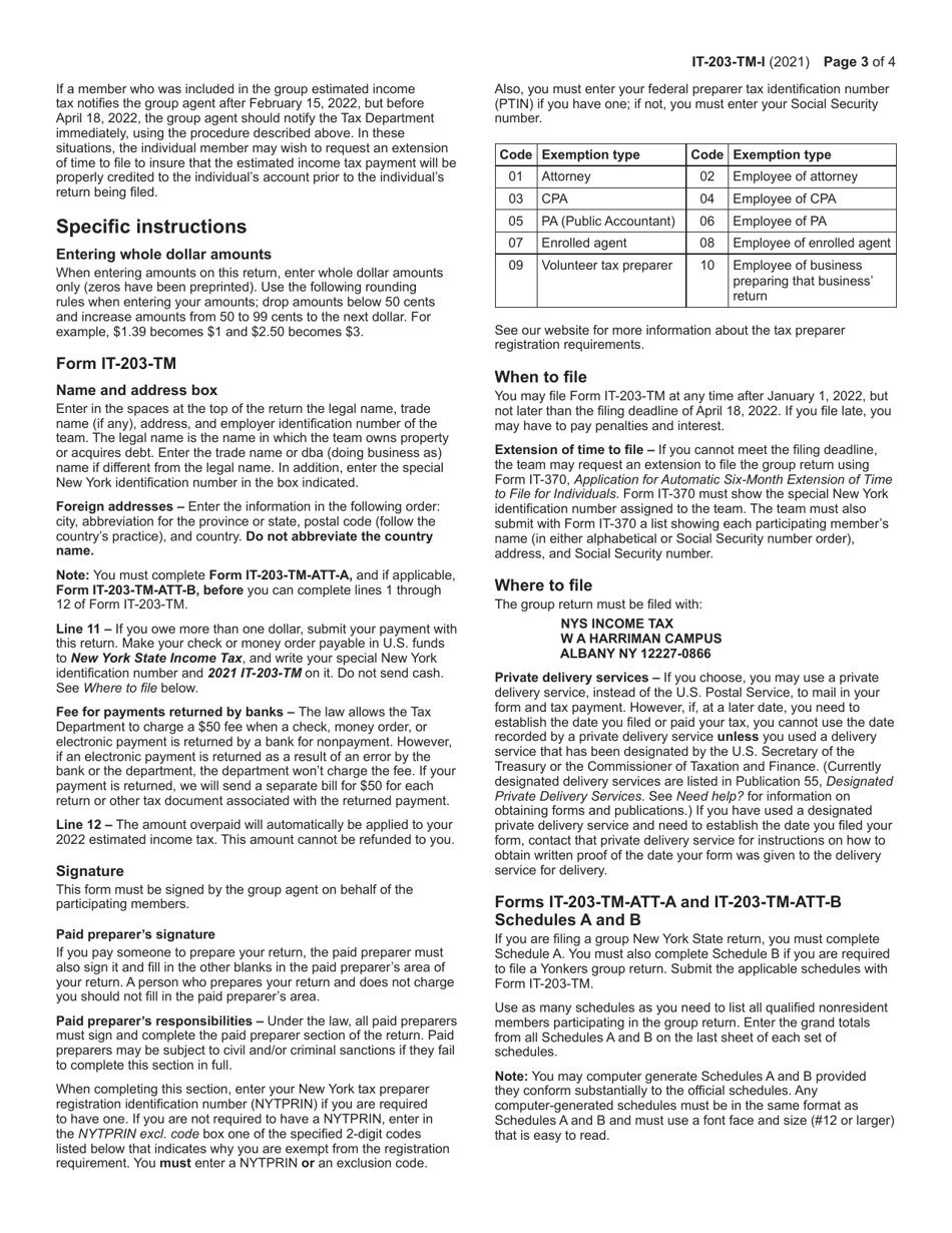 Instructions for Form IT-203-TM Group Return for Nonresident Athletic Team Members - New York, Page 3