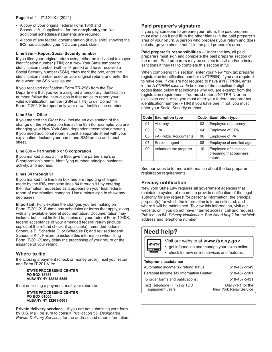 Instructions for Form IT-201-X Amended Resident Income Tax Return - New York, Page 4