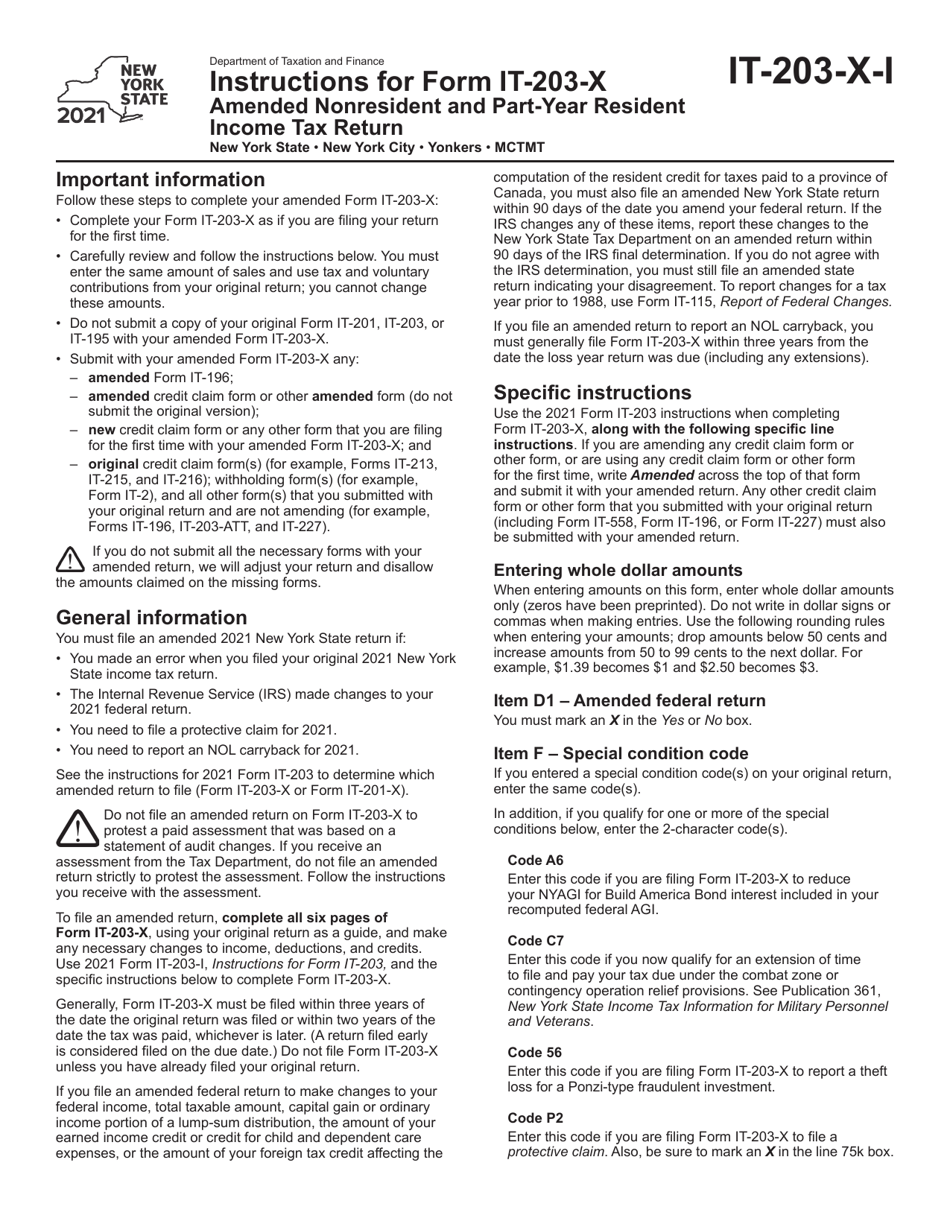 Instructions for Form IT-203-X Amended Nonresident and Part-Year Resident Income Tax Return - New York, Page 1