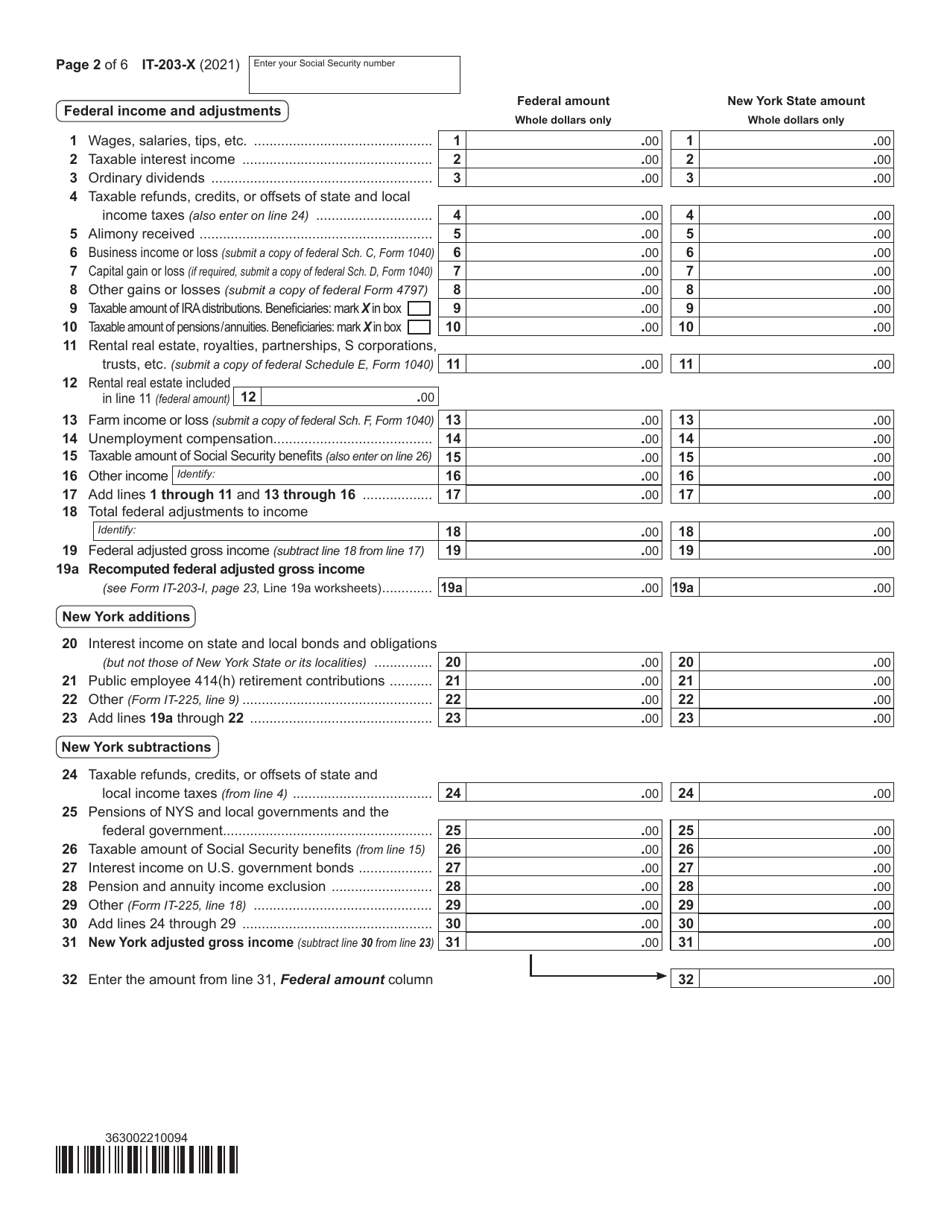Form IT-203-X Amended Nonresident and Part-Year Resident Income Tax Return - New York, Page 2