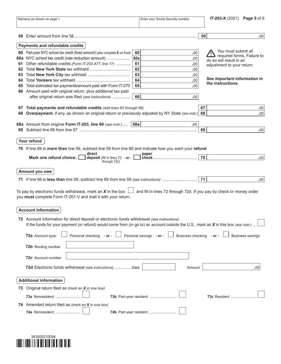 Form IT-203-X Amended Nonresident and Part-Year Resident Income Tax Return - New York, Page 5