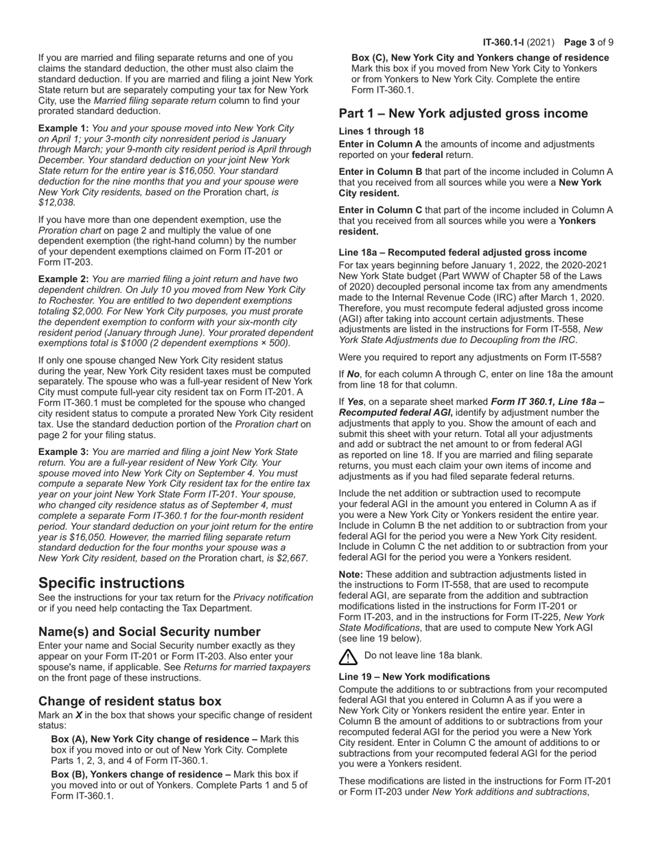 Instructions for Form IT-360.1 Change of City Resident Status - New York, Page 3
