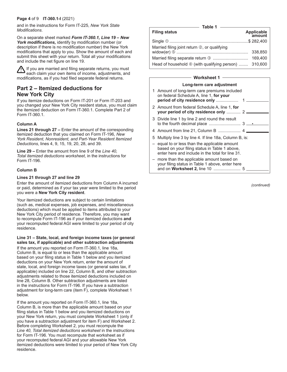 Instructions for Form IT-360.1 Change of City Resident Status - New York, Page 4