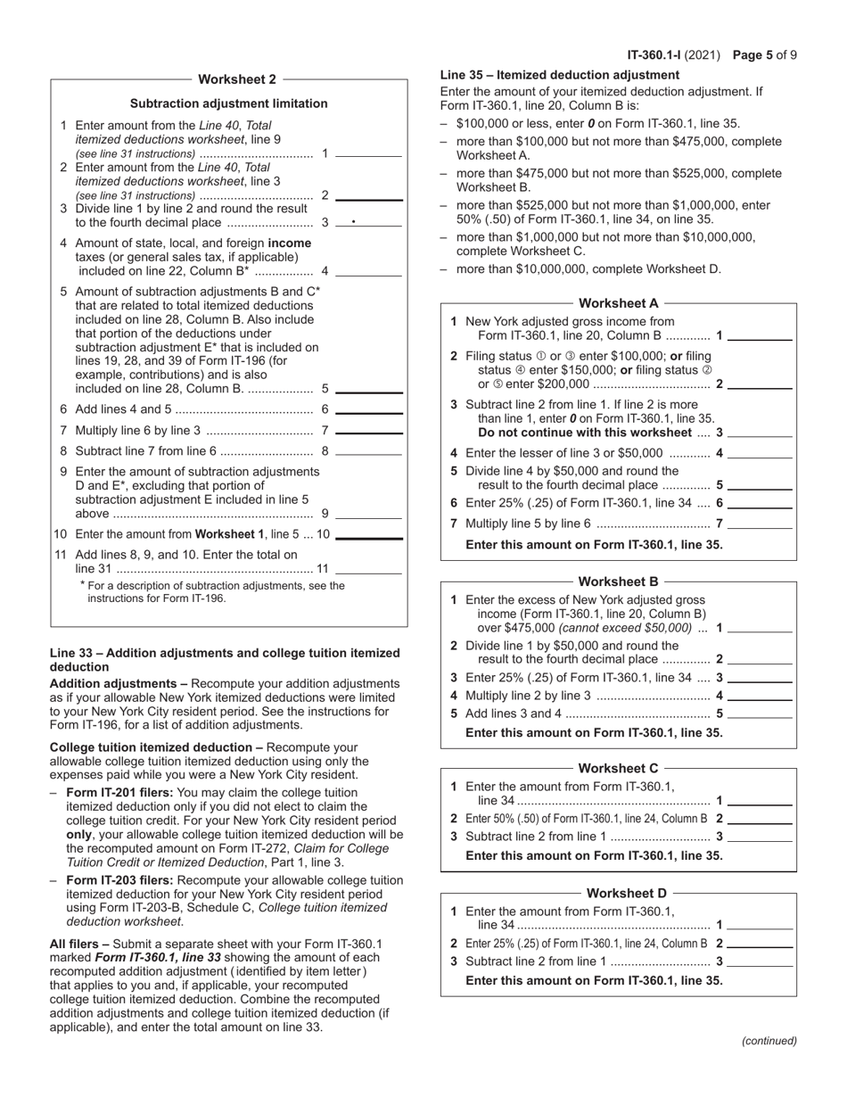 Instructions for Form IT-360.1 Change of City Resident Status - New York, Page 5