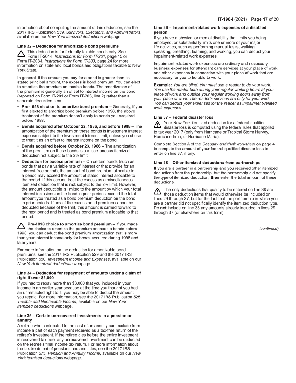 Instructions for Form IT-196 New York Resident, Nonresident, and Part-Year Resident Itemized Deductions - New York, Page 17