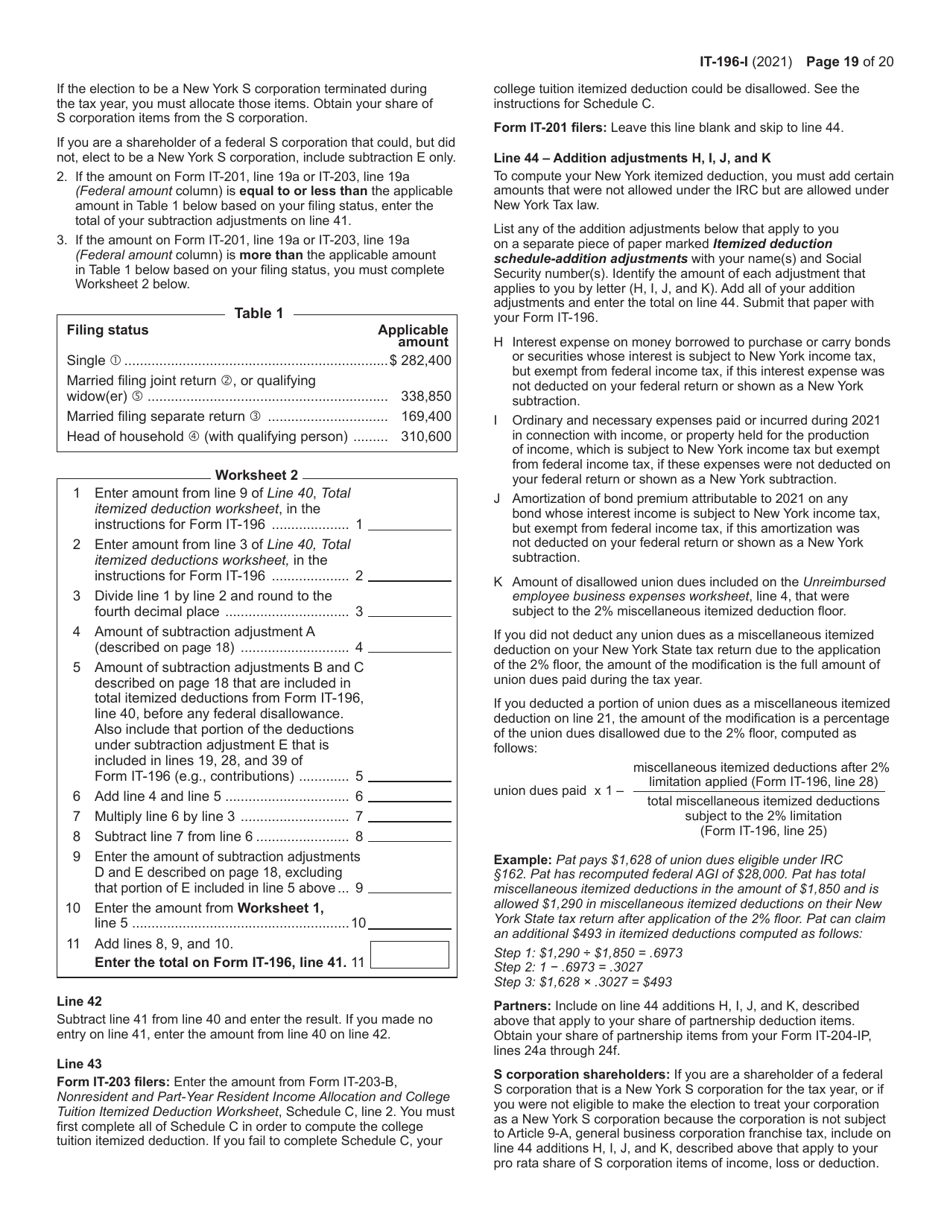 Instructions for Form IT-196 New York Resident, Nonresident, and Part-Year Resident Itemized Deductions - New York, Page 19