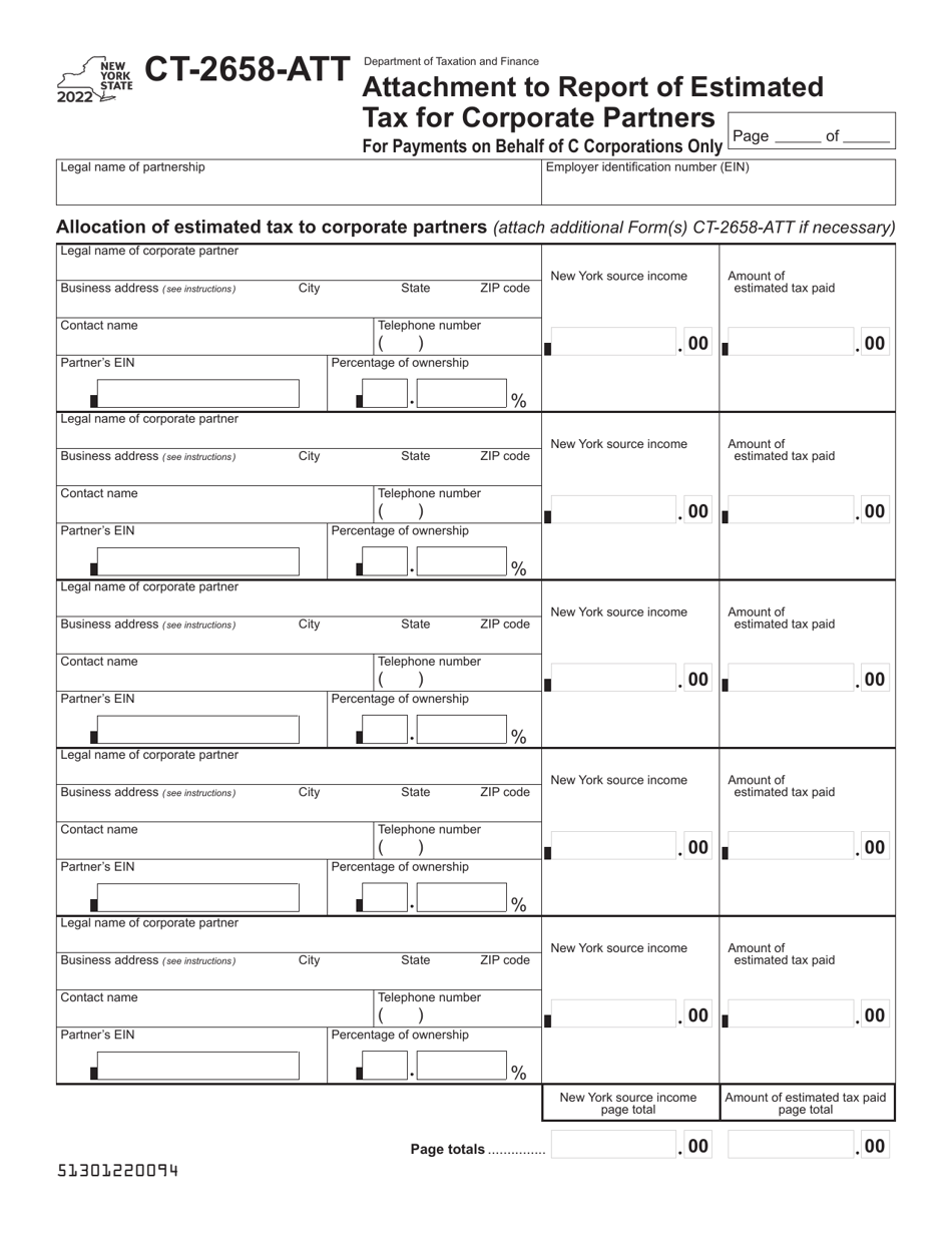 Form CT-2658-ATT Attachment to Report of Estimated Tax for Corporate Partners for Payments on Behalf of C Corporations Only - New York, Page 1