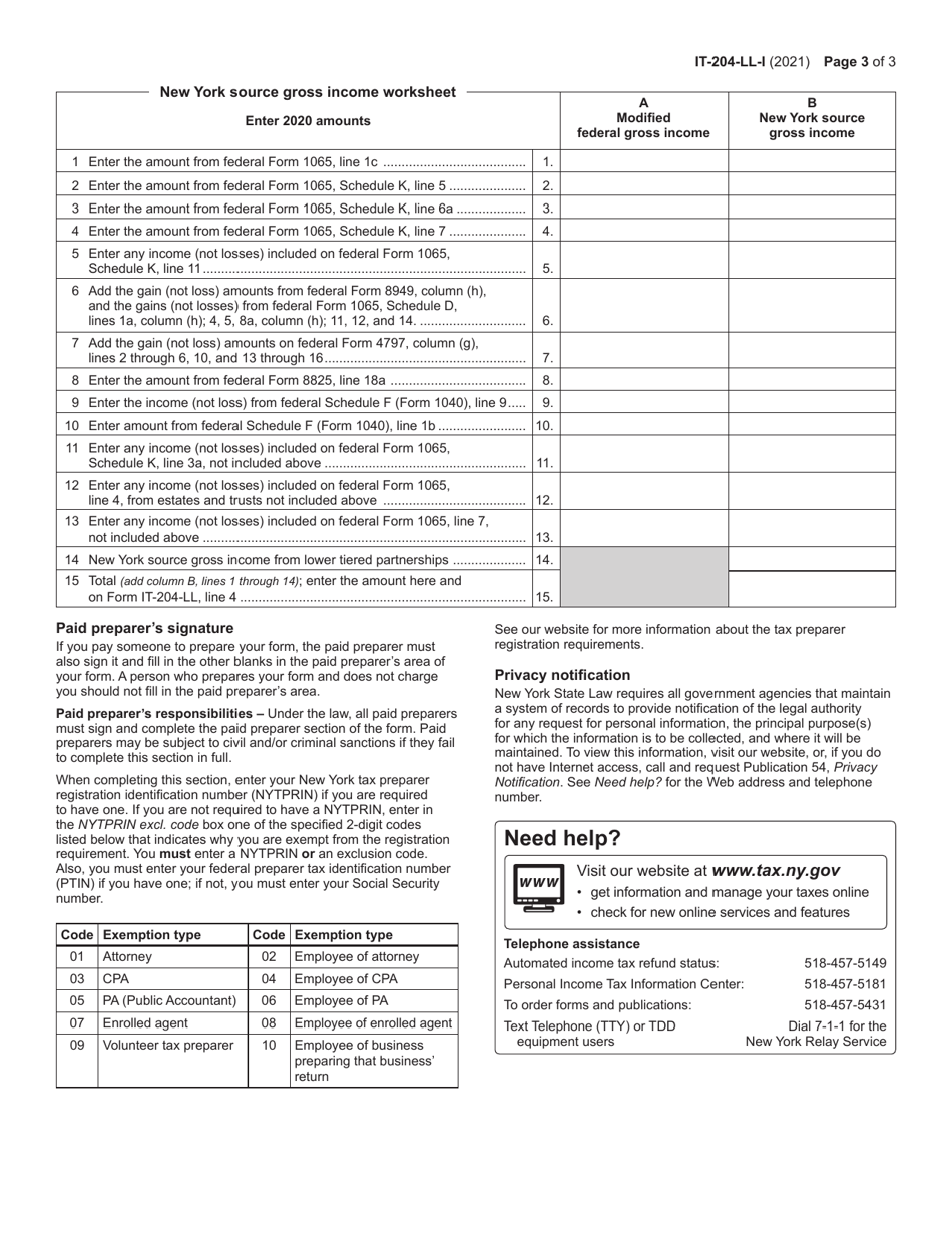 Instructions for Form IT-204-LL Partnership, Limited Liability Company, and Limited Liability Partnership Filing Fee Payment Form - New York, Page 3