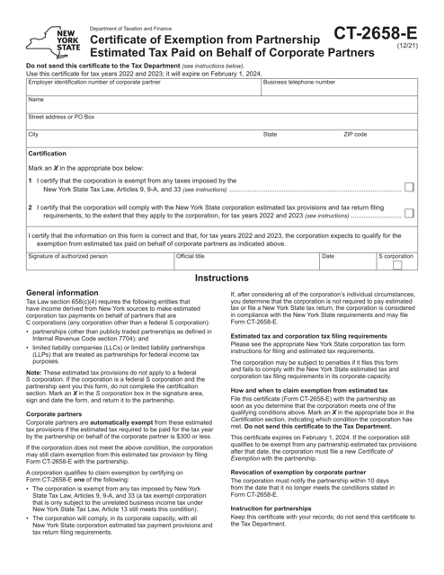 Form CT-2658-E Certificate of Exemption From Partnership Estimated Tax Paid on Behalf of Corporate Partners - New York, 2023