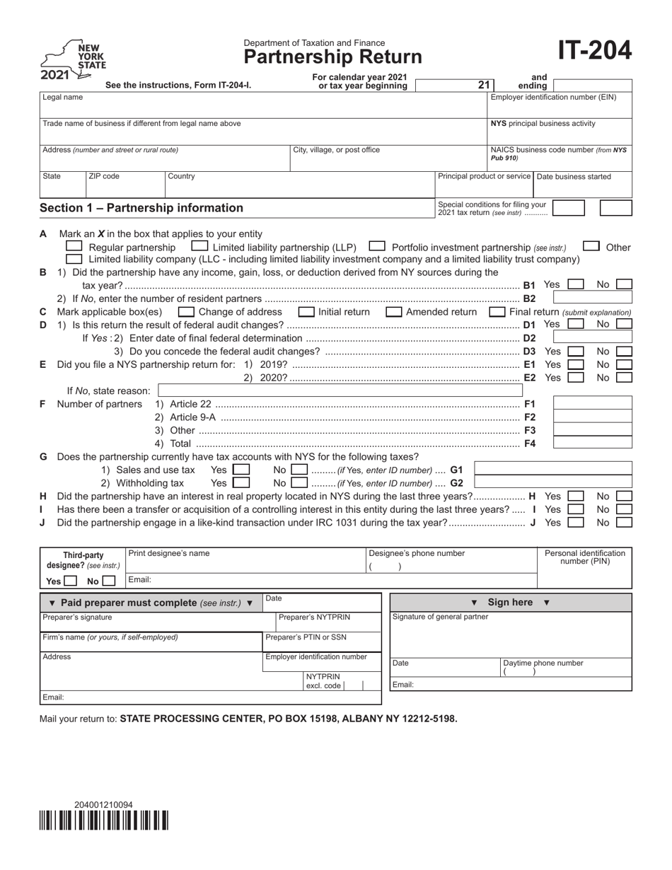 Form IT-204 Partnership Return - New York, Page 1