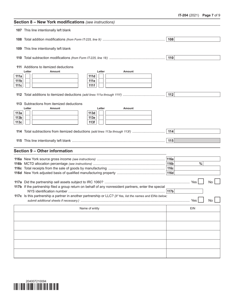 Form IT-204 Partnership Return - New York, Page 7