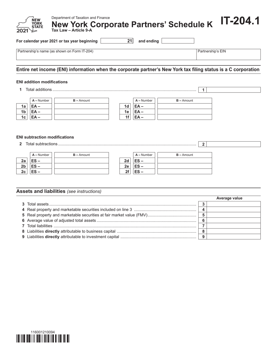 Form IT-204.1 Schedule K New York Corporate Partners Schedule - New York, Page 1