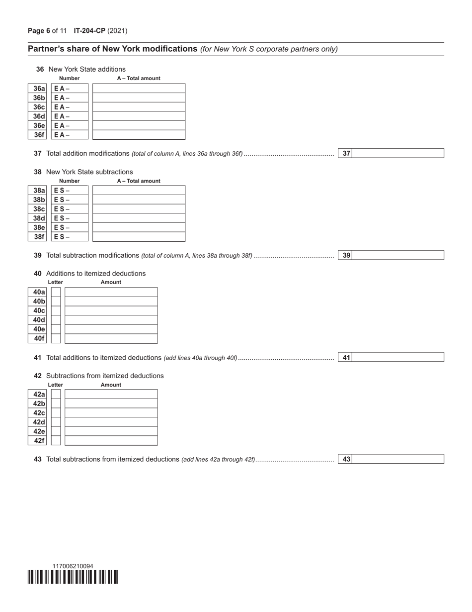 Form IT-204-CP Schedule K-1 New York Corporate Partners Schedule - New York, Page 6