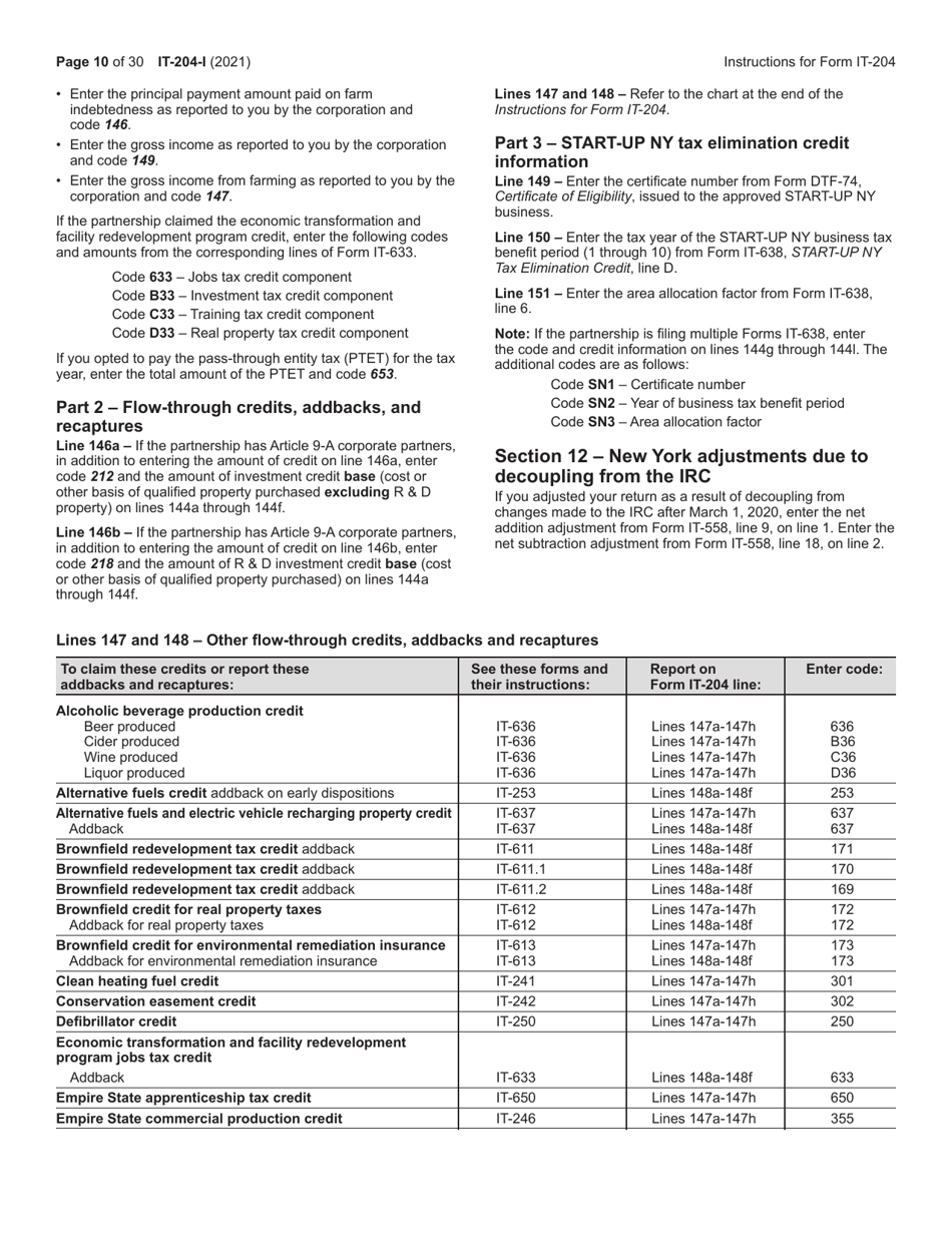 Instructions for Form IT-204, IT-204-IP, IT-204.1, IT-204-CP Schedule K, K-1 - New York, Page 10