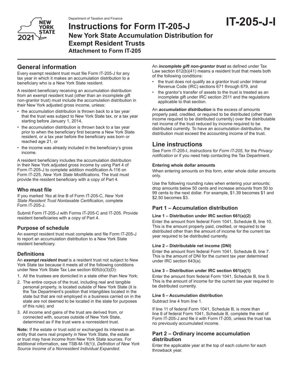 Instructions for Form IT-205-J New York State Accumulation Distribution for Exempt Resident Trusts - New York, Page 1