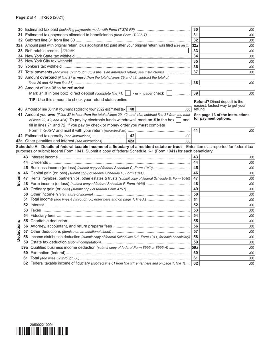 Form IT-205 Fiduciary Income Tax Return - New York, Page 2