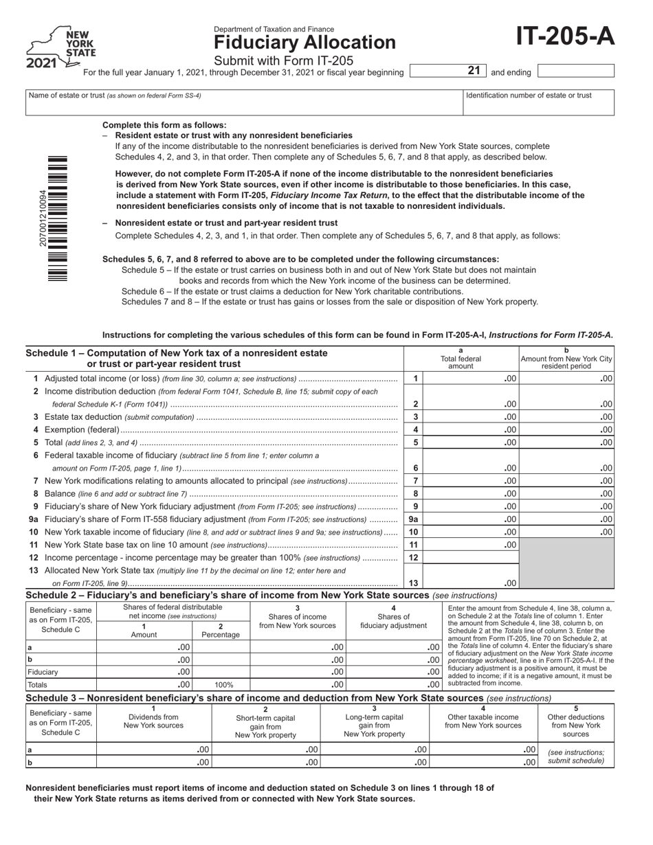 Form IT-205-A Fiduciary Allocation - New York, Page 1