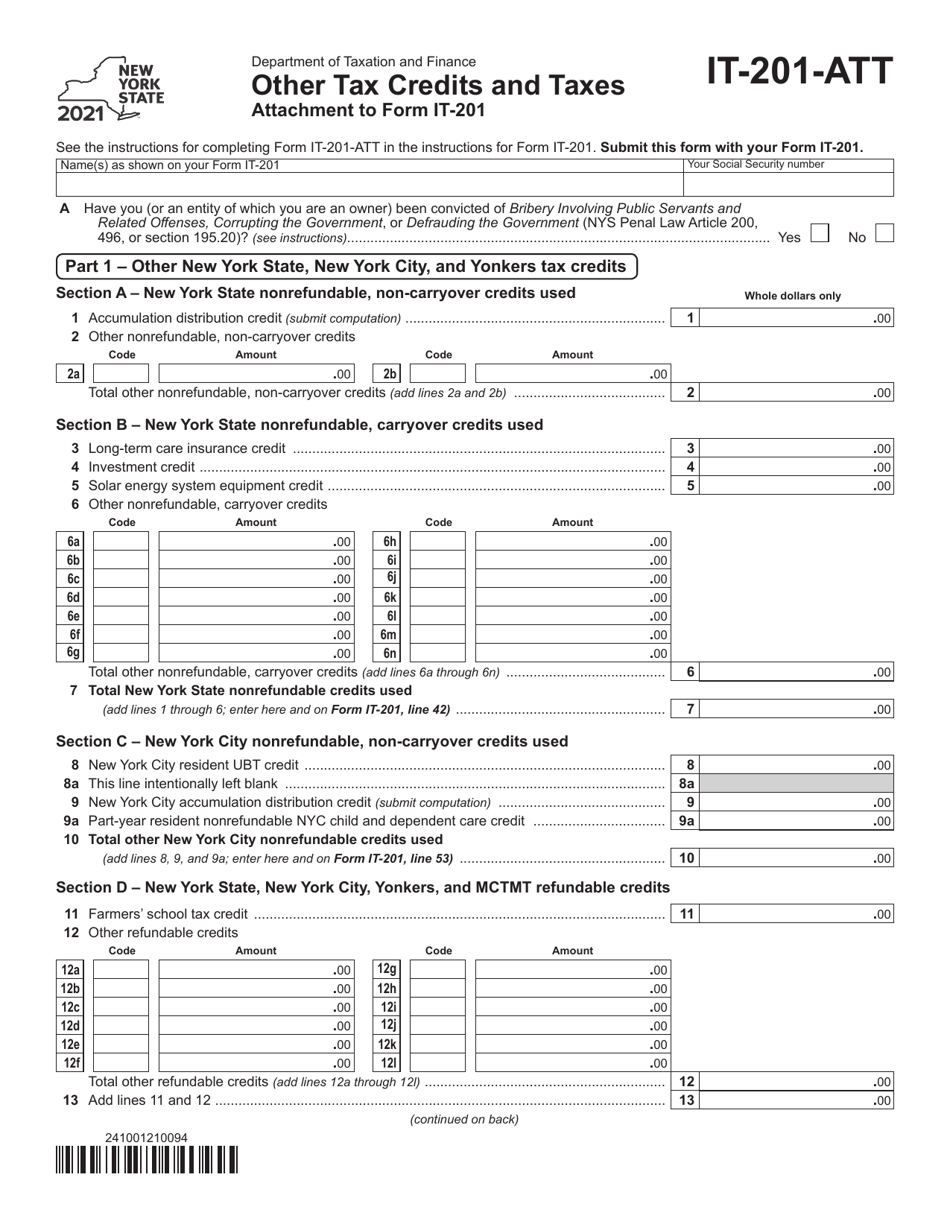 Form IT-201-ATT Other Tax Credits and Taxes - New York, Page 1