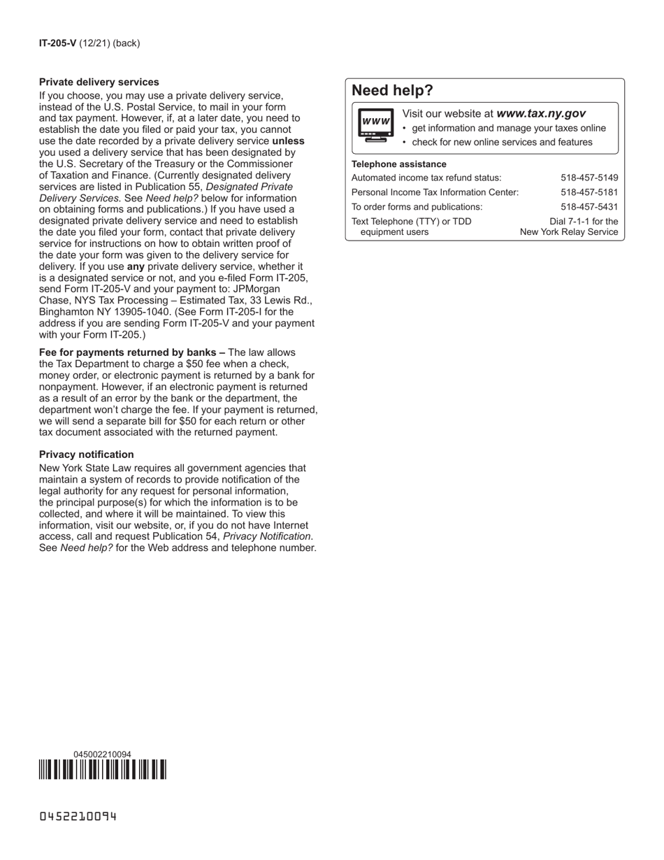 Form IT-205-V Payment Voucher for Fiduciary Income Tax Returns - New York, Page 2