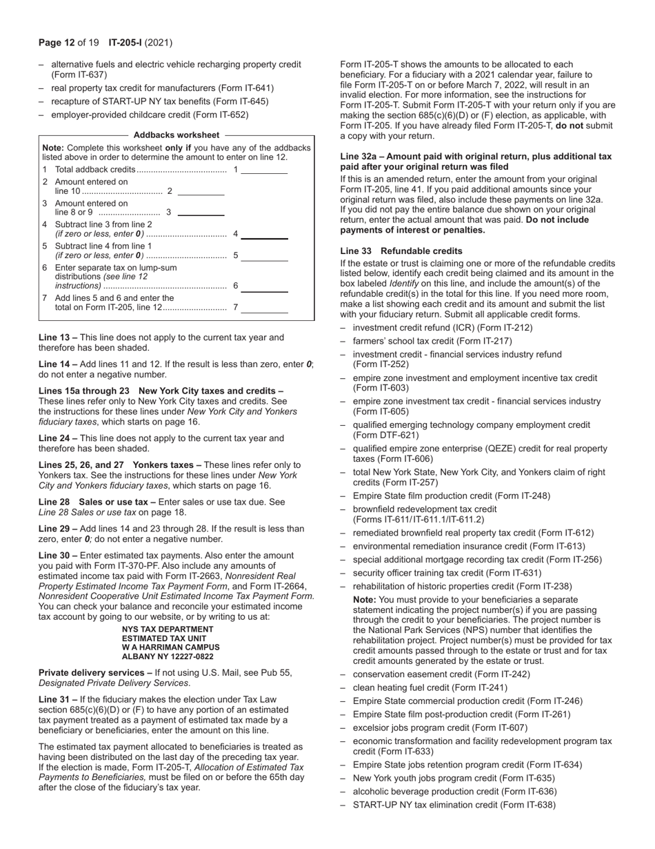 Instructions for Form IT-205 Fiduciary Income Tax Return - New York, Page 12