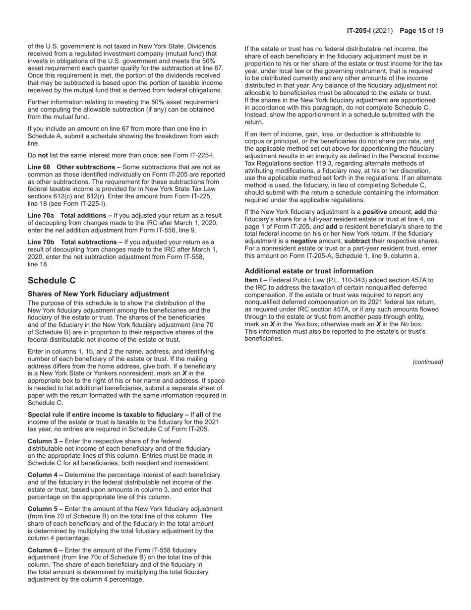 Instructions for Form IT-205 Fiduciary Income Tax Return - New York, Page 15