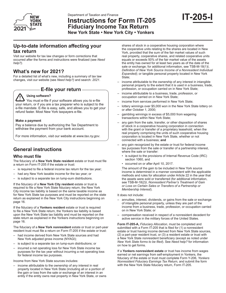 Instructions for Form IT-205 Fiduciary Income Tax Return - New York, Page 1