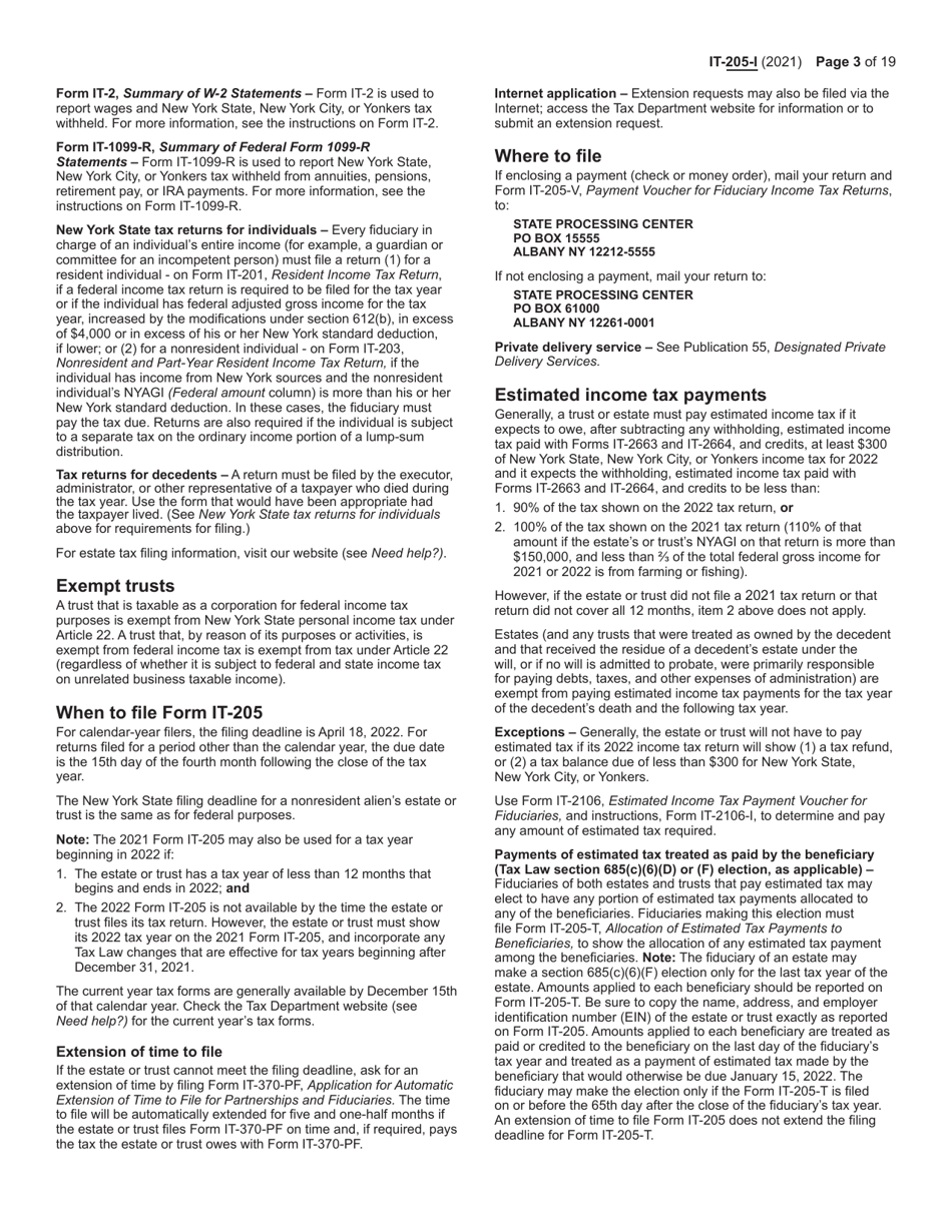 Instructions for Form IT-205 Fiduciary Income Tax Return - New York, Page 3