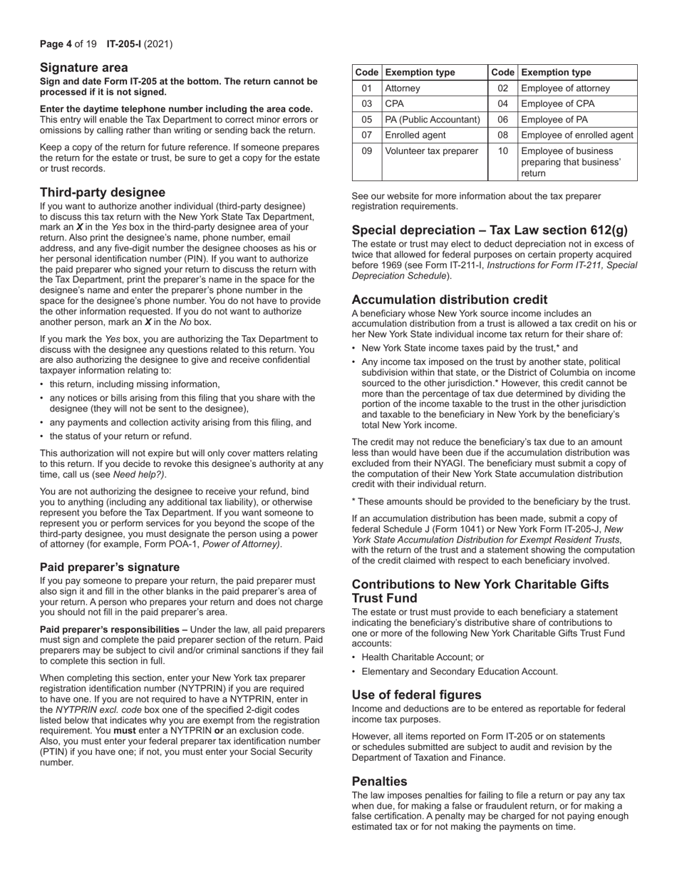 Instructions for Form IT-205 Fiduciary Income Tax Return - New York, Page 4