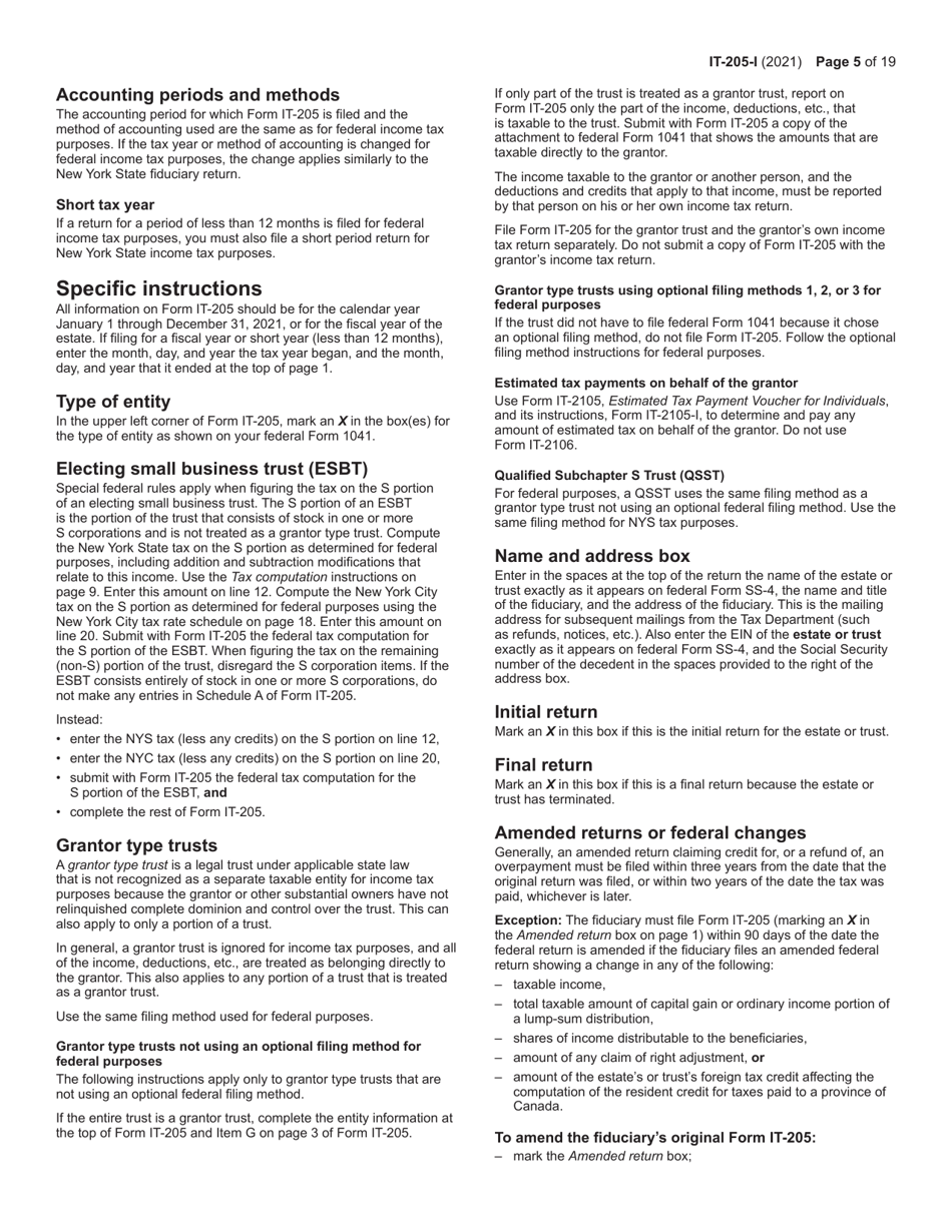 Instructions for Form IT-205 Fiduciary Income Tax Return - New York, Page 5
