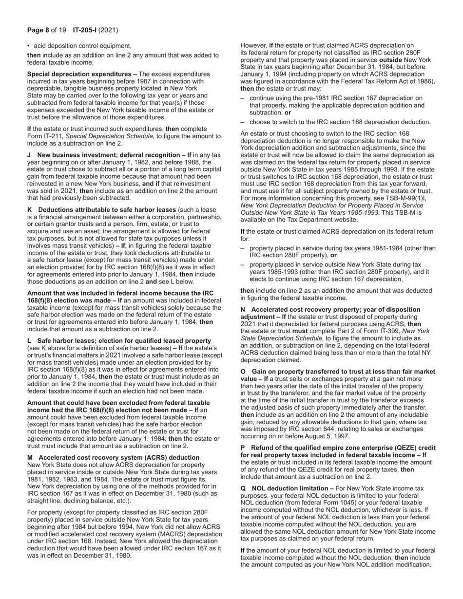 Instructions for Form IT-205 Fiduciary Income Tax Return - New York, Page 8