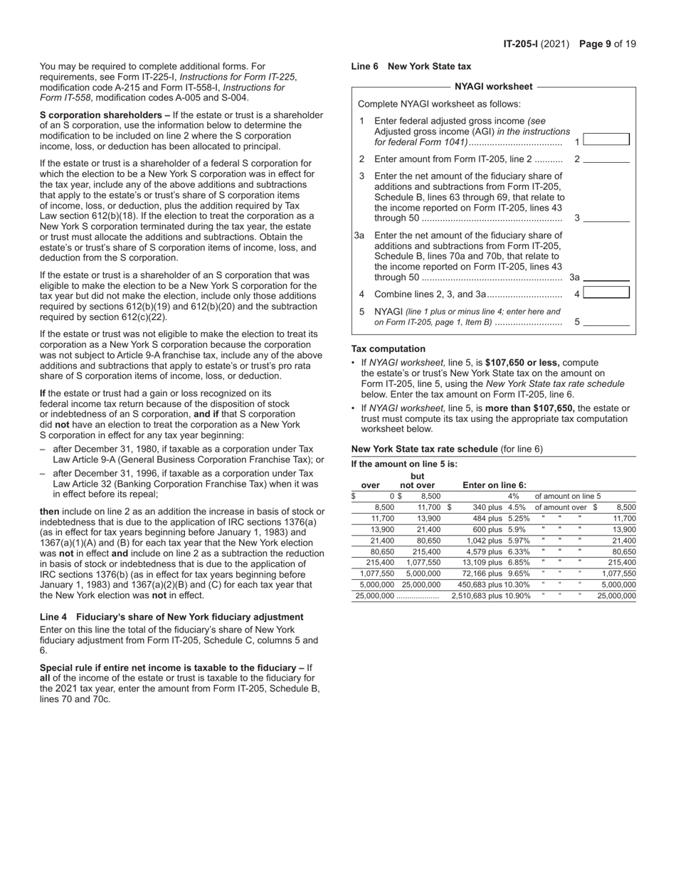 Instructions for Form IT-205 Fiduciary Income Tax Return - New York, Page 9