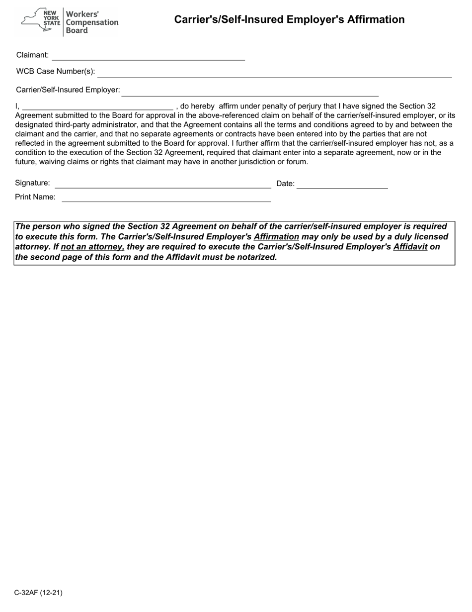 Form C-32AF Carriers / Self-insured Employers Affirmation - New York, Page 1