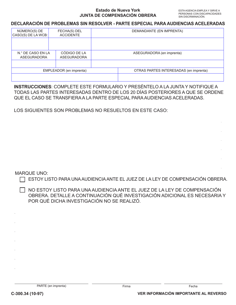 Formulario C-300.34 Declaracion De Problemas Sin Resolver - Parte Especial Para Audiencias Aceleradas - New York (Spanish), Page 1