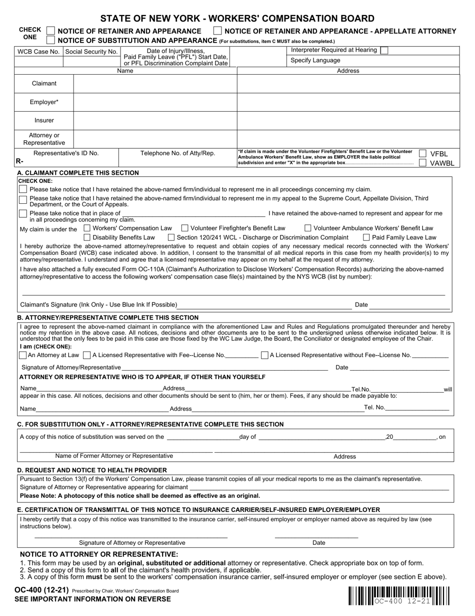 Form OC-400 Notice of Retainer and Substitution - New York, Page 1