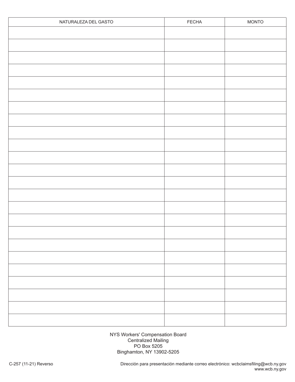 Formulario C-257 Registro De Gastos Medicos Y De Viaje Del Demandante Y Solicitud De Reembolso - New York (Spanish), Page 2
